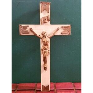 Antique Art Deco Crucifix Wood w/ Mother of Pearl  Bronze Tone Accents 8"x4.3"